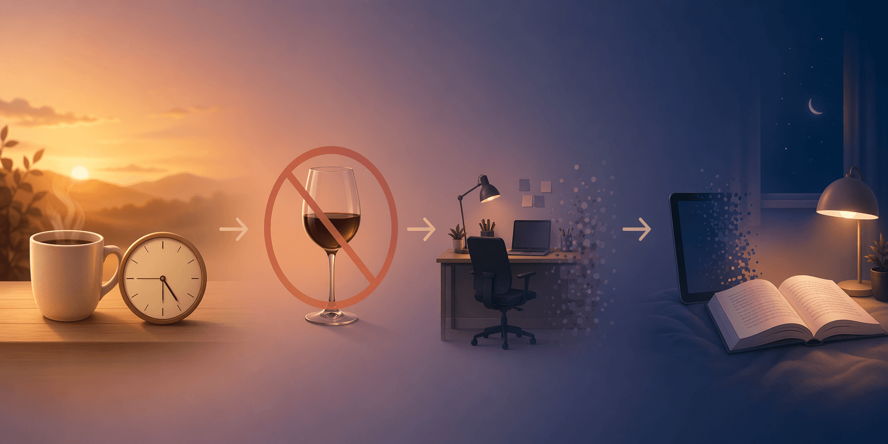 A wind-down timeline showing the evening sequence from caffeine to screens to bedtime.