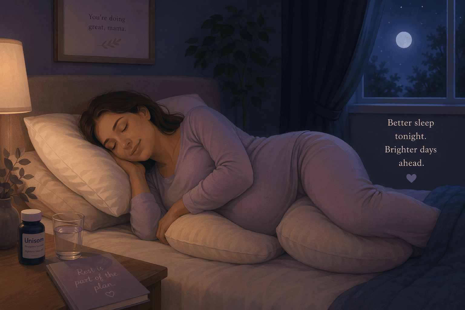 A pregnant woman sleeping peacefully on her left side in a dark, serene bedroom, propped with pillows between her knees and supporting her belly.