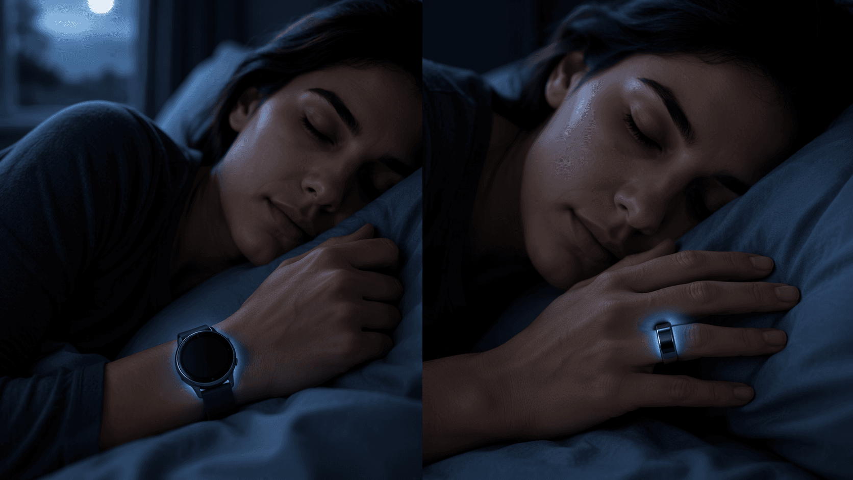 A smart watch and smart ring resting near a sleeping person in a dim bedroom.