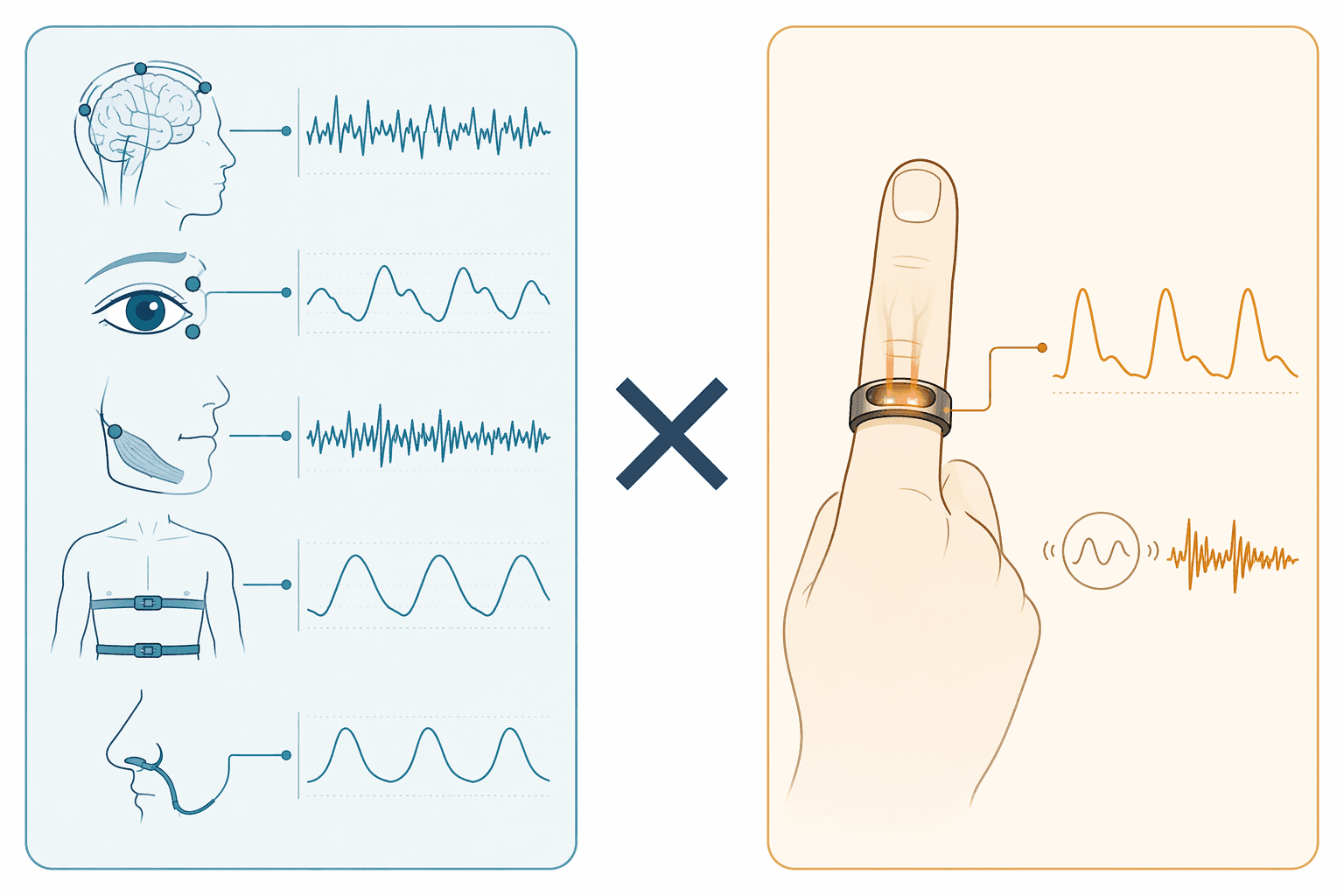 A two-column comparison diagram: left column labeled 'Clinical PSG' with icon-style illustrations of a brain with EEG waveforms, an eye with EOG dots, a jaw with EMG lines, a chest with respiratory effort bands, and a nasal airflow line. Right column labeled 'Smart Ring' shows a finger with a smart ring displaying PPG light pulses and a motion icon. A large X mark separates the columns.