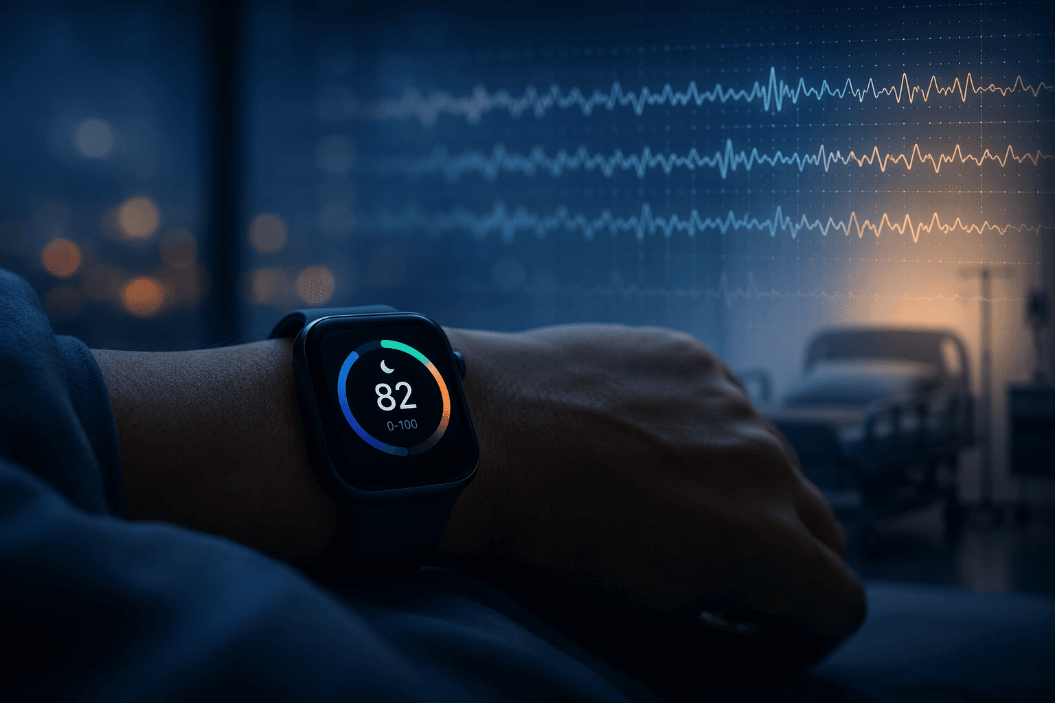 Apple Watch at night showing a sleep score beside blurred clinical sleep-monitoring imagery