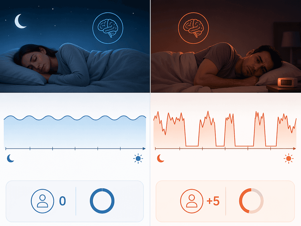 Side-by-side clinical comparison of sleep continuity: a smooth unbroken blue wave on the left representing uninterrupted sleep with high efficiency, and a fragmented orange jagged line with multiple gaps on the right representing poor sleep continuity with frequent awakenings.