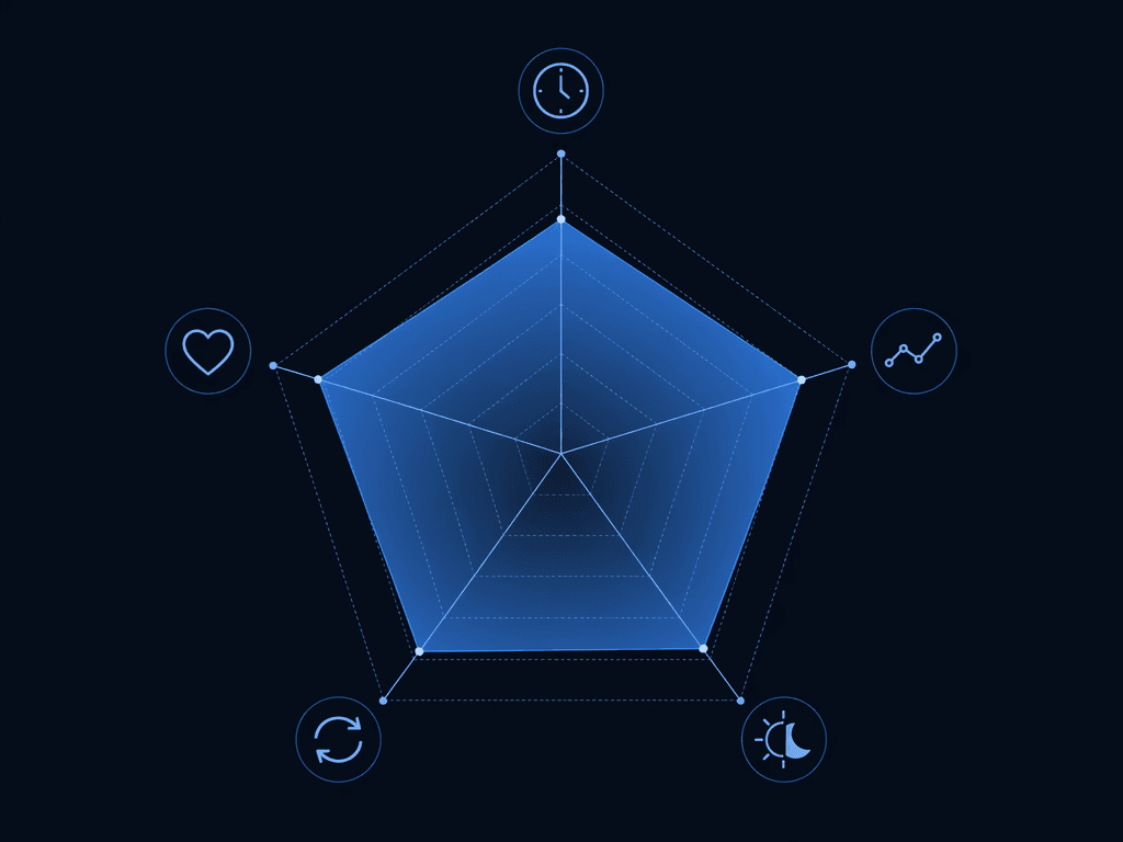 A dark-background pentagon radar-chart diagram with five evenly spaced axes radiating from the center, each terminating in a minimalist icon for duration, continuity, timing, regularity, and satisfaction, with a balanced blue gradient fill suggesting a healthy sleep profile.