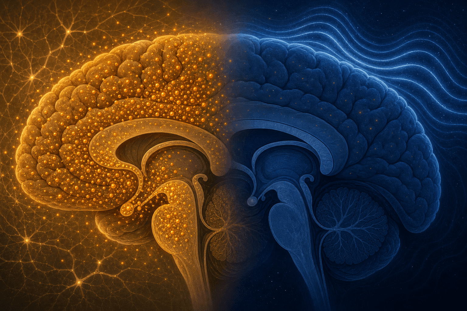 Split brain illustration showing amber adenosine particles accumulating during wakefulness on the left, and dissolving during slow-wave sleep on the right