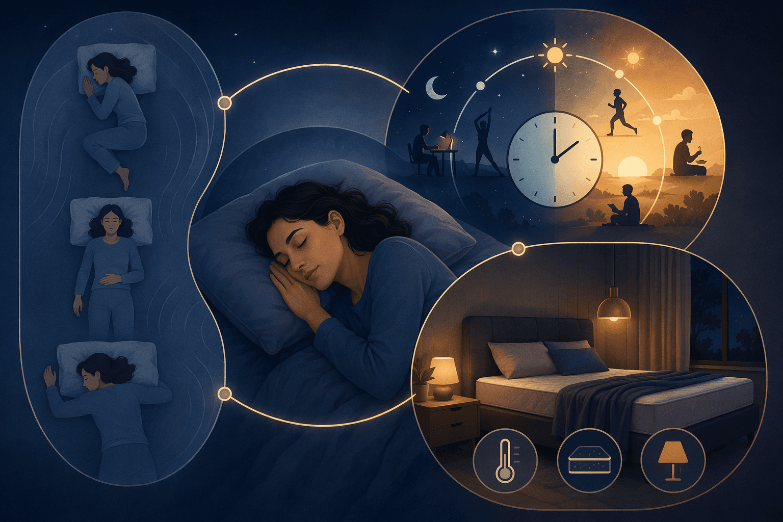 A calm sleeping figure surrounded by position, circadian rhythm, and bedroom environment cues.
