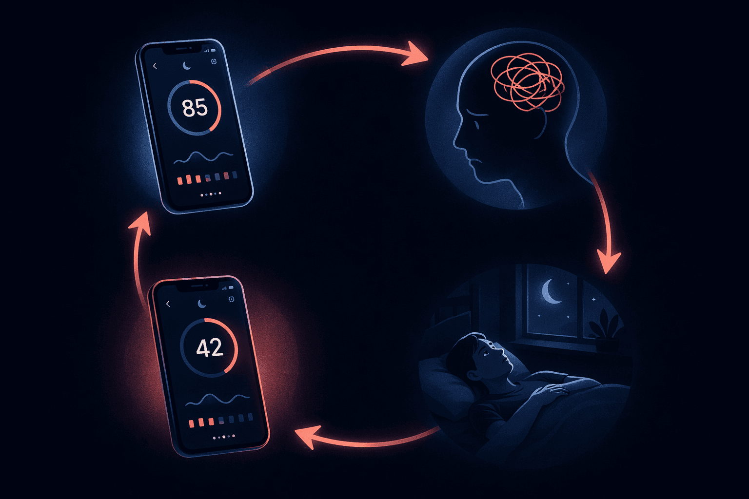 Editorial illustration of an orthosomnia feedback loop connecting sleep score data, worry, lying awake, and worse scores