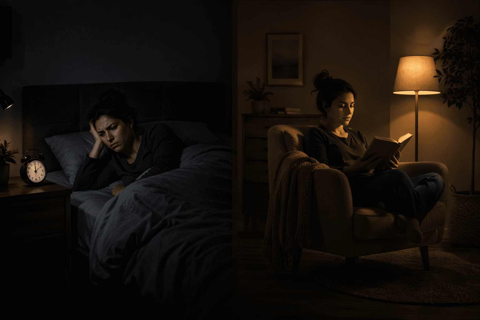 A person awake in bed on one side and calmly reading in an armchair on the other, illustrating stimulus control