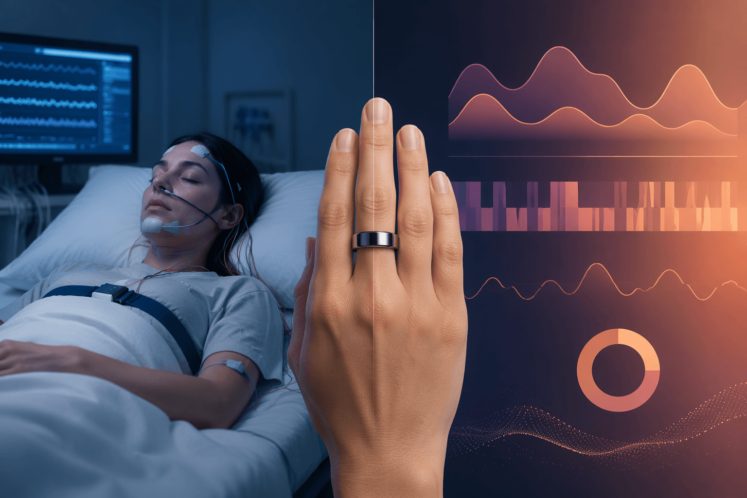 Smart ring contrasted with a clinical sleep lab and consumer sleep data visualizations