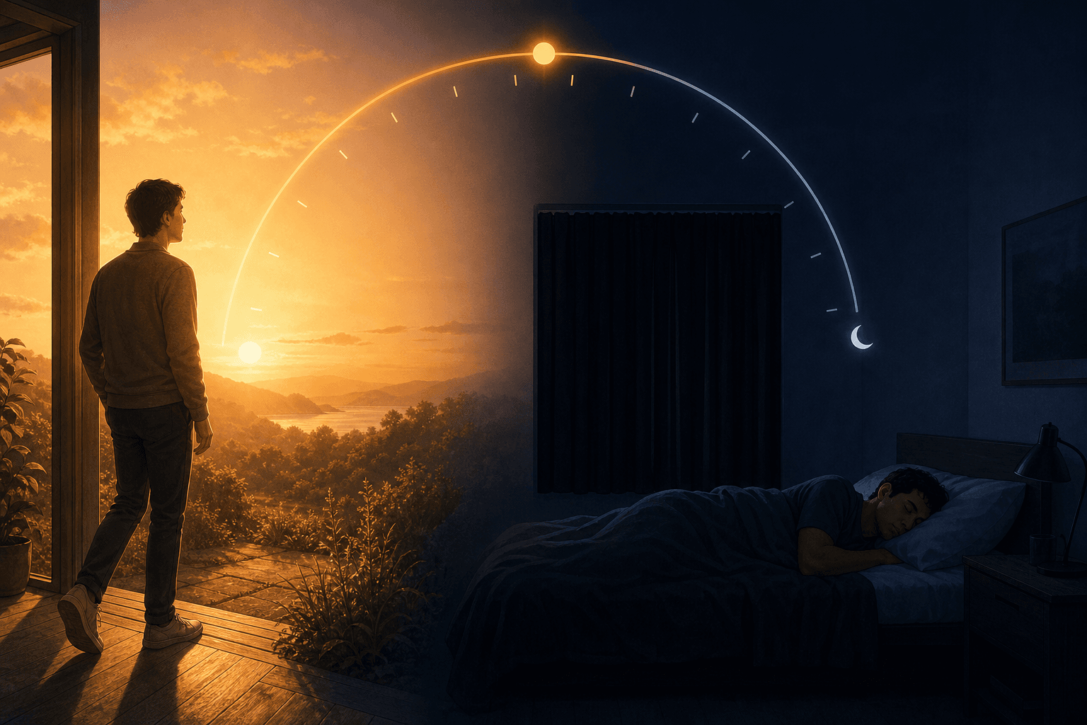 Split-scene illustration: a person stepping into golden morning sunrise light on the left, and a dark serene bedroom with blackout curtains on the right, connected by a curved arc representing the 24-hour biological clock.