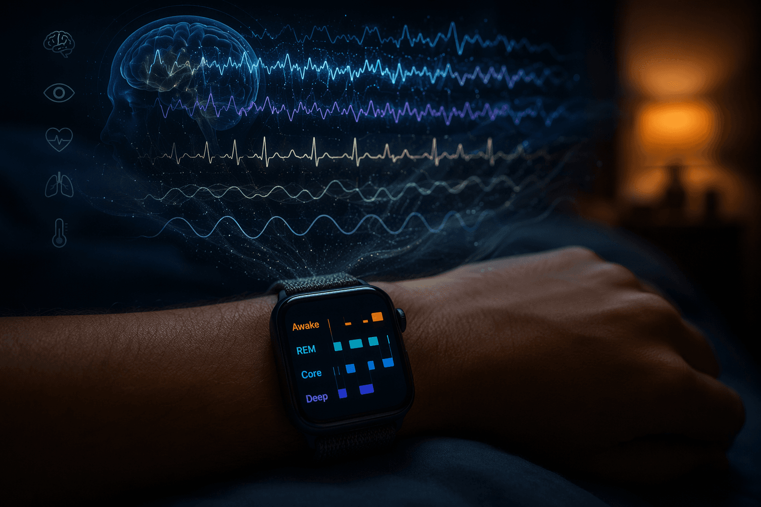 Apple Watch sleep stage display surrounded by clinical brain-wave and sensor patterns