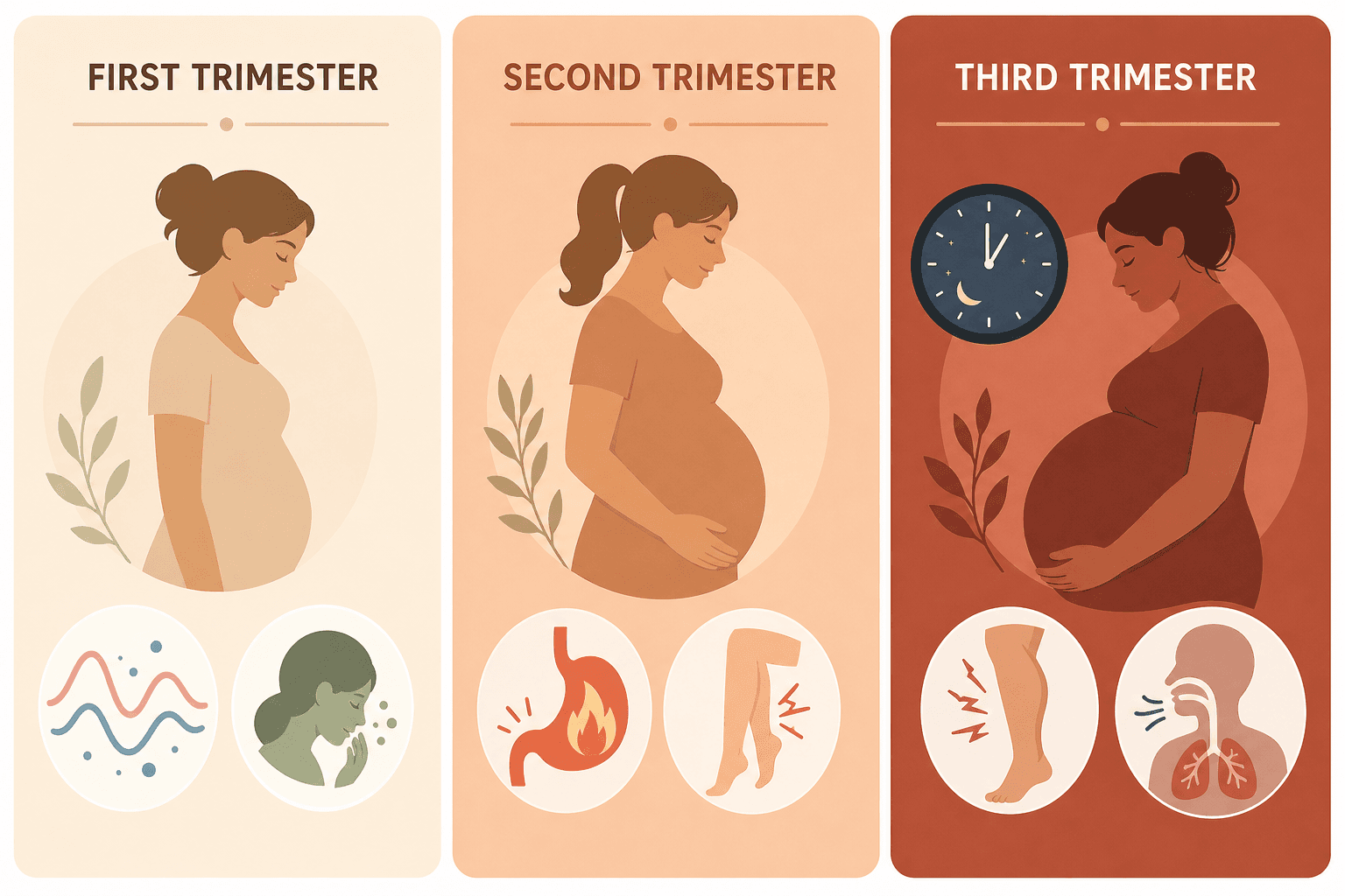 A flat editorial illustration divided into three columns representing the first, second, and third trimesters, each with icons for the dominant insomnia causes at that stage, using a progressively deepening warm color palette.