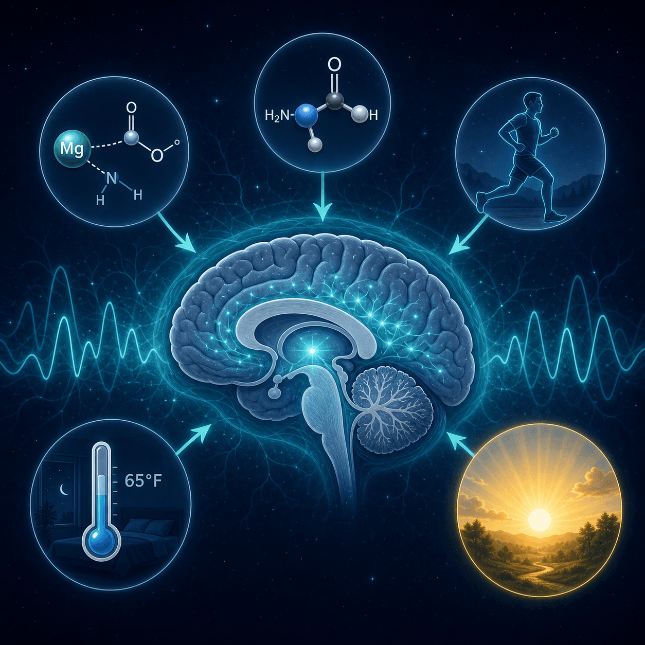 Brain cross-section with teal slow-wave activity and five icons representing evidence-based deep sleep interventions.
