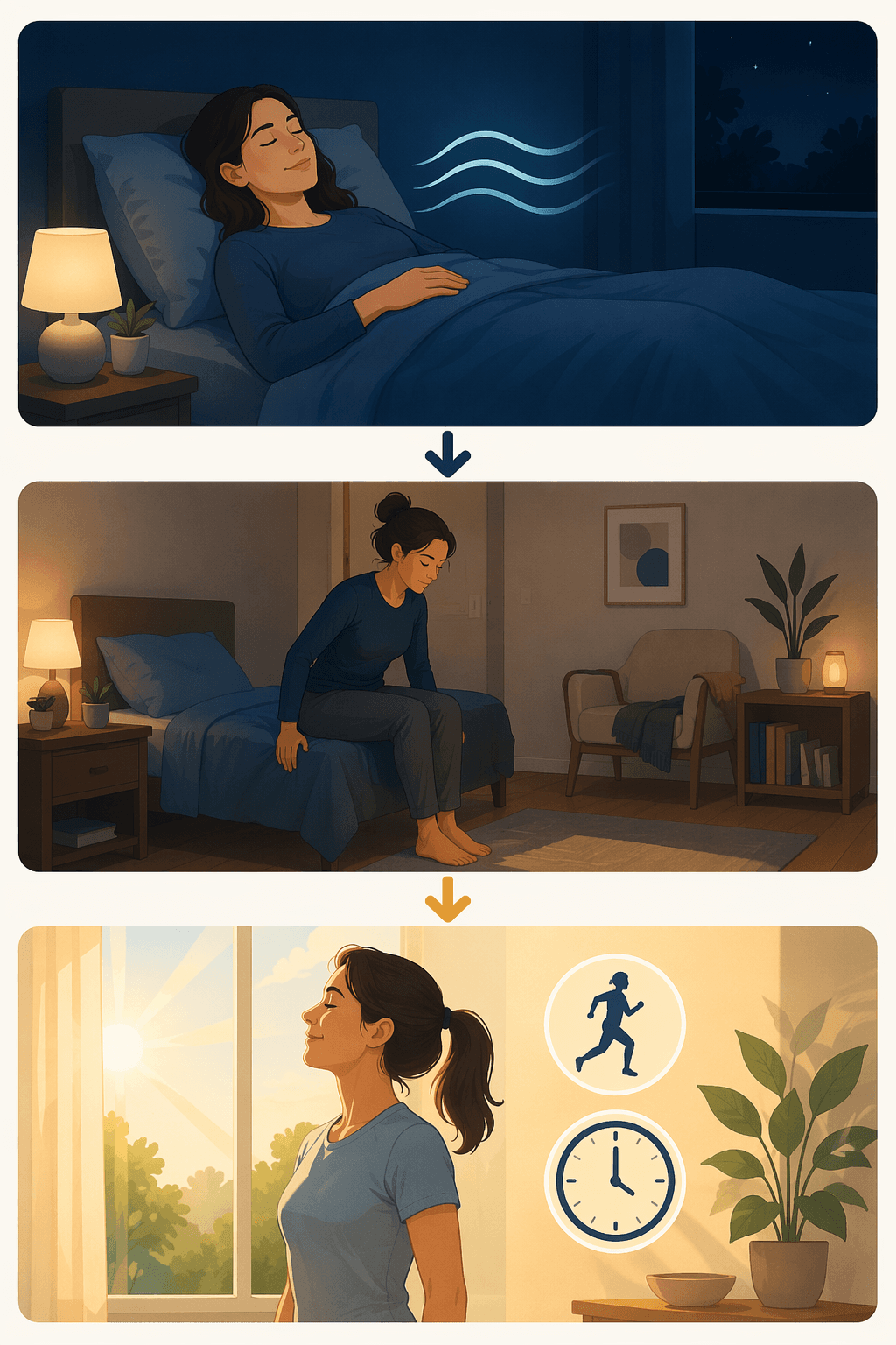 An editorial illustration showing tiers for in-bed relaxation, getting up for a quiet activity, and daytime prevention habits.