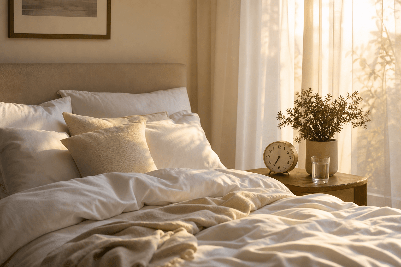 A softly lit bedroom at early dawn with warm light filtering through sheer curtains onto a neatly made bed, with a bedside clock showing approximately 7am.