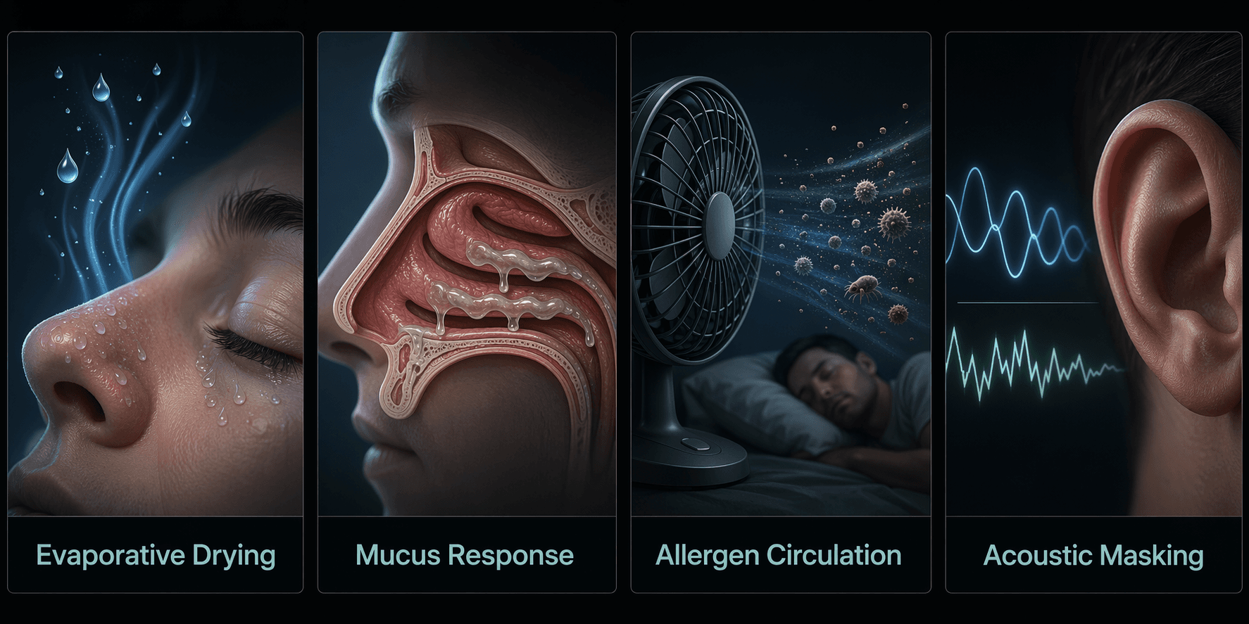 Four-panel illustration showing drying, thickened mucus, dust circulation, and sound waves