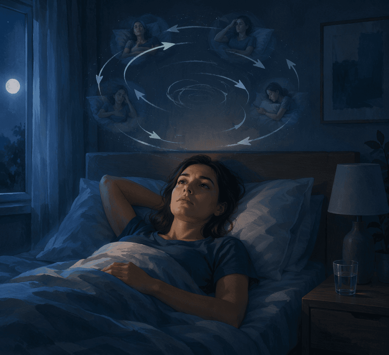 A person lying awake in a dimly lit bedroom, suggesting that trying to force sleep can keep wakefulness going.