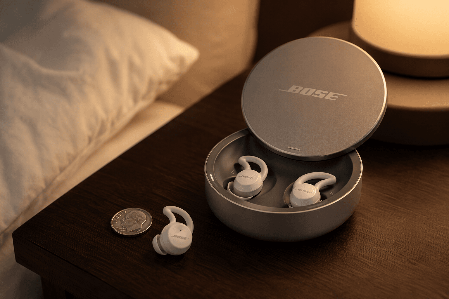 Two tiny white Bose Sleepbuds II earbuds resting in their silver aluminum charging case on a dark wooden nightstand, with warm amber bedside lamp lighting and a blurred white pillow and bedsheet in the background. One earbud is placed outside the case next to a silver coin to show scale.