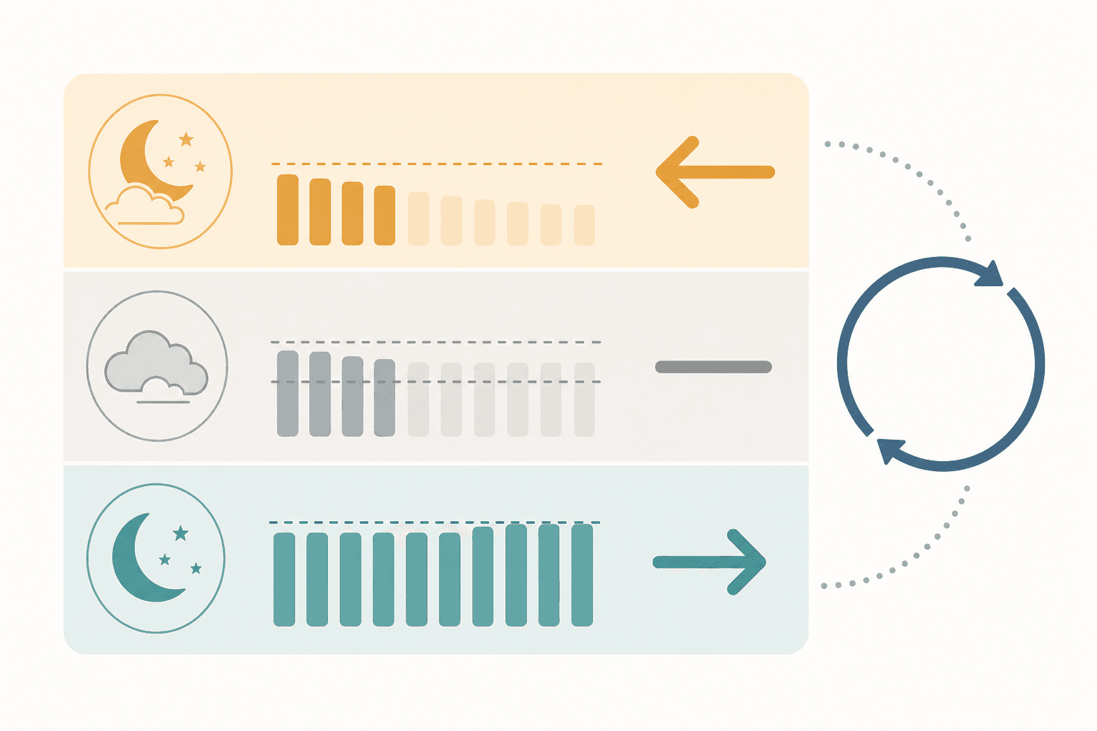 Infographic showing the three-band sleep efficiency titration loop: amber band below 85% with window reduction arrow, gray hold band at 85–90%, teal band above 90% with window extension arrow, and a circular loop arrow indicating weekly repetition.