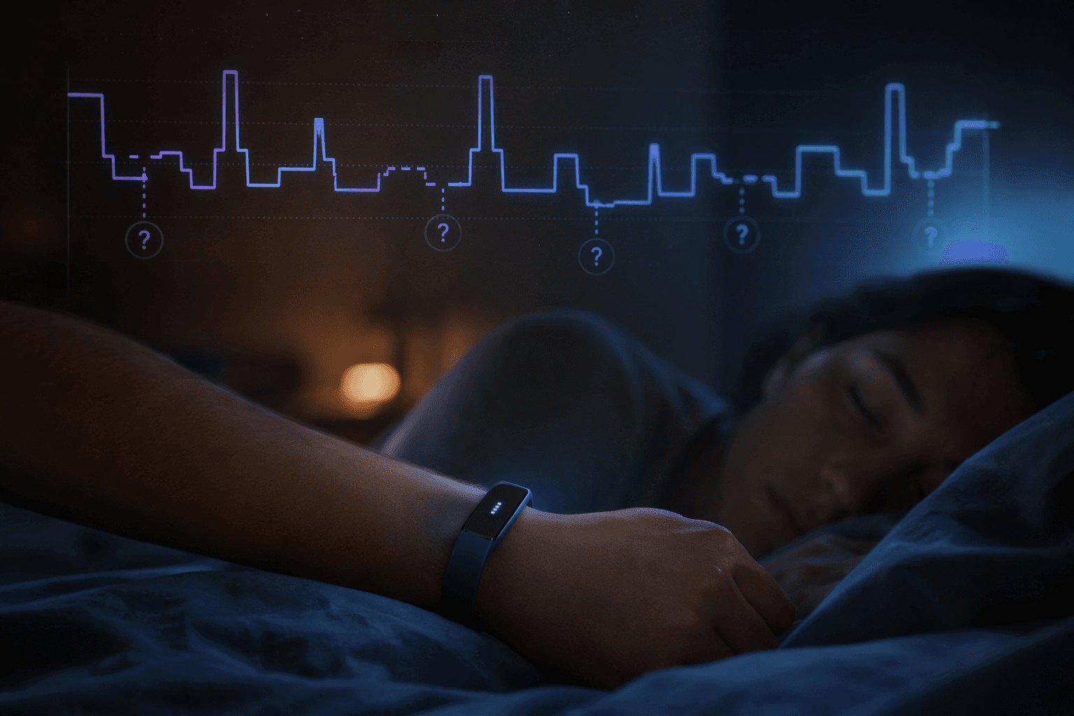 A Fitbit sleep graph hovering over a wrist in a dim bedroom, suggesting uncertainty behind precise-looking sleep stage data
