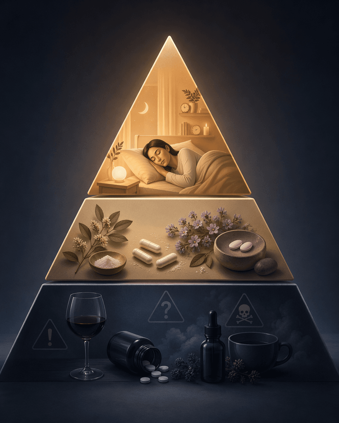 Tiered pyramid showing behavioral sleep remedies above supplements and cautionary sleep aids