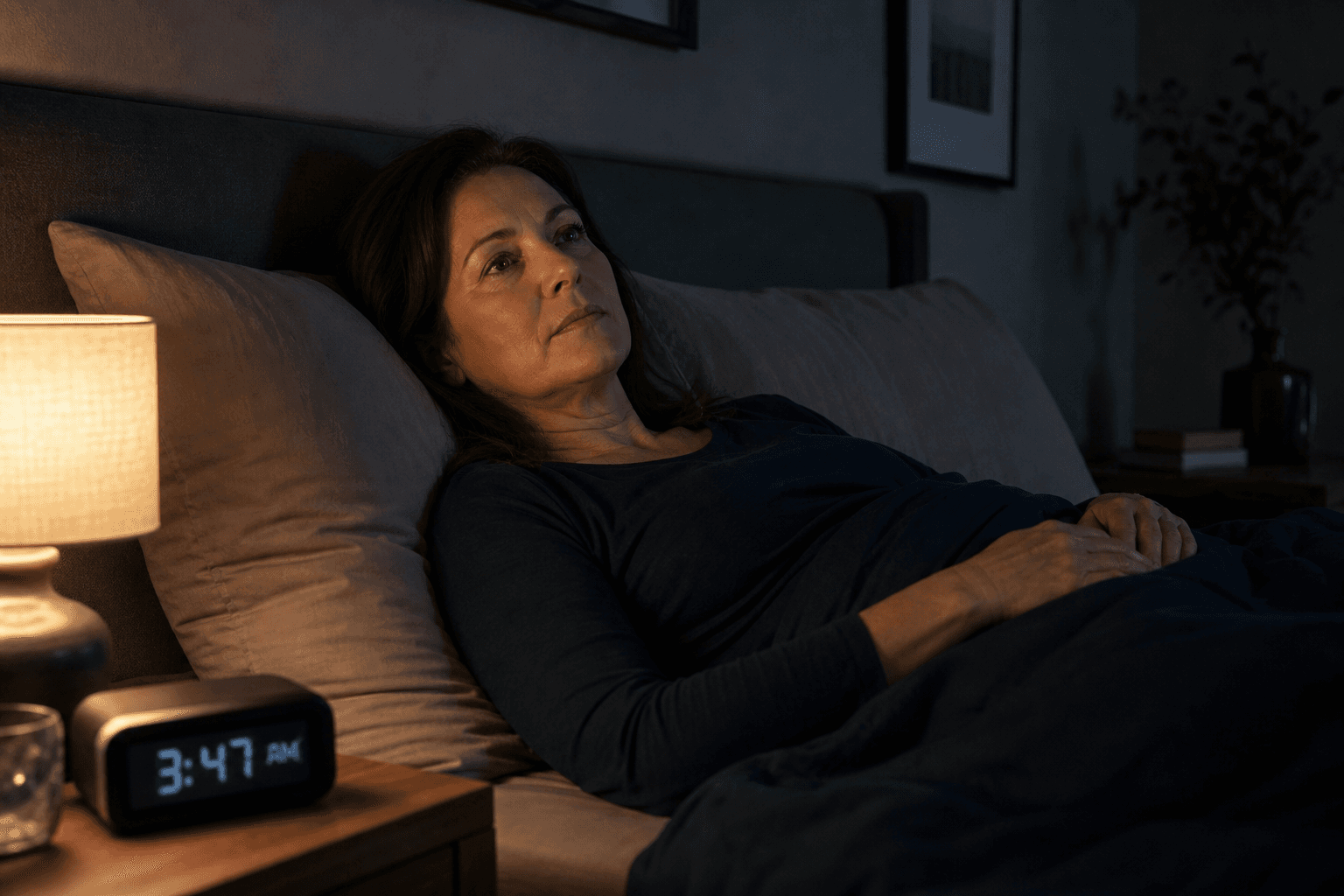 A woman in her mid-to-late 40s lies partially upright in a dimly lit bedroom at 3:47 AM, eyes open and alert, conveying unwanted wakefulness.