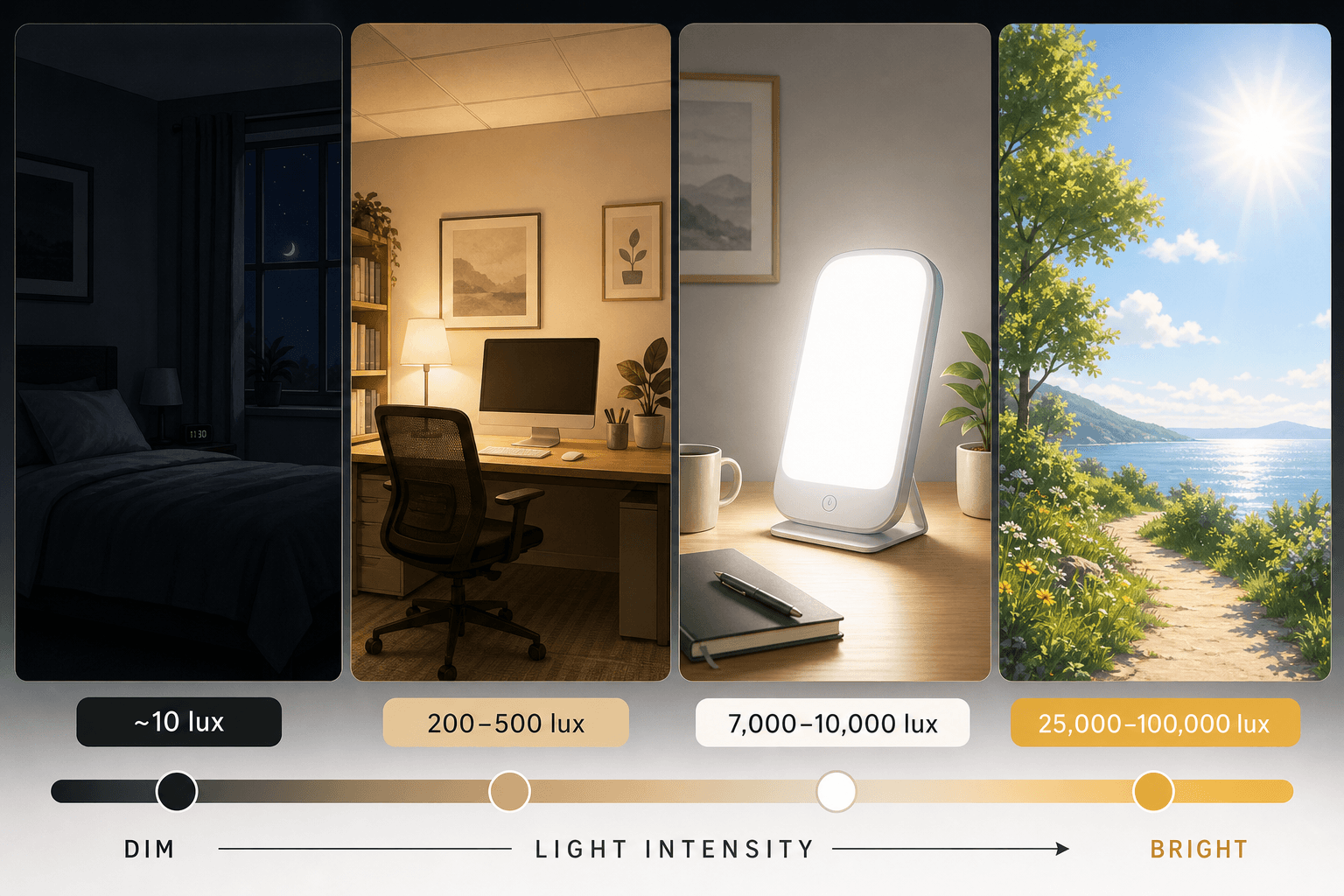 Four illustrated panels on an ascending brightness scale: dim dark bedroom at about 10 lux, warmly lit office at 200–500 lux, bright light therapy lamp at 7,000–10,000 lux, and sun-drenched outdoor scene at 25,000–100,000 lux.