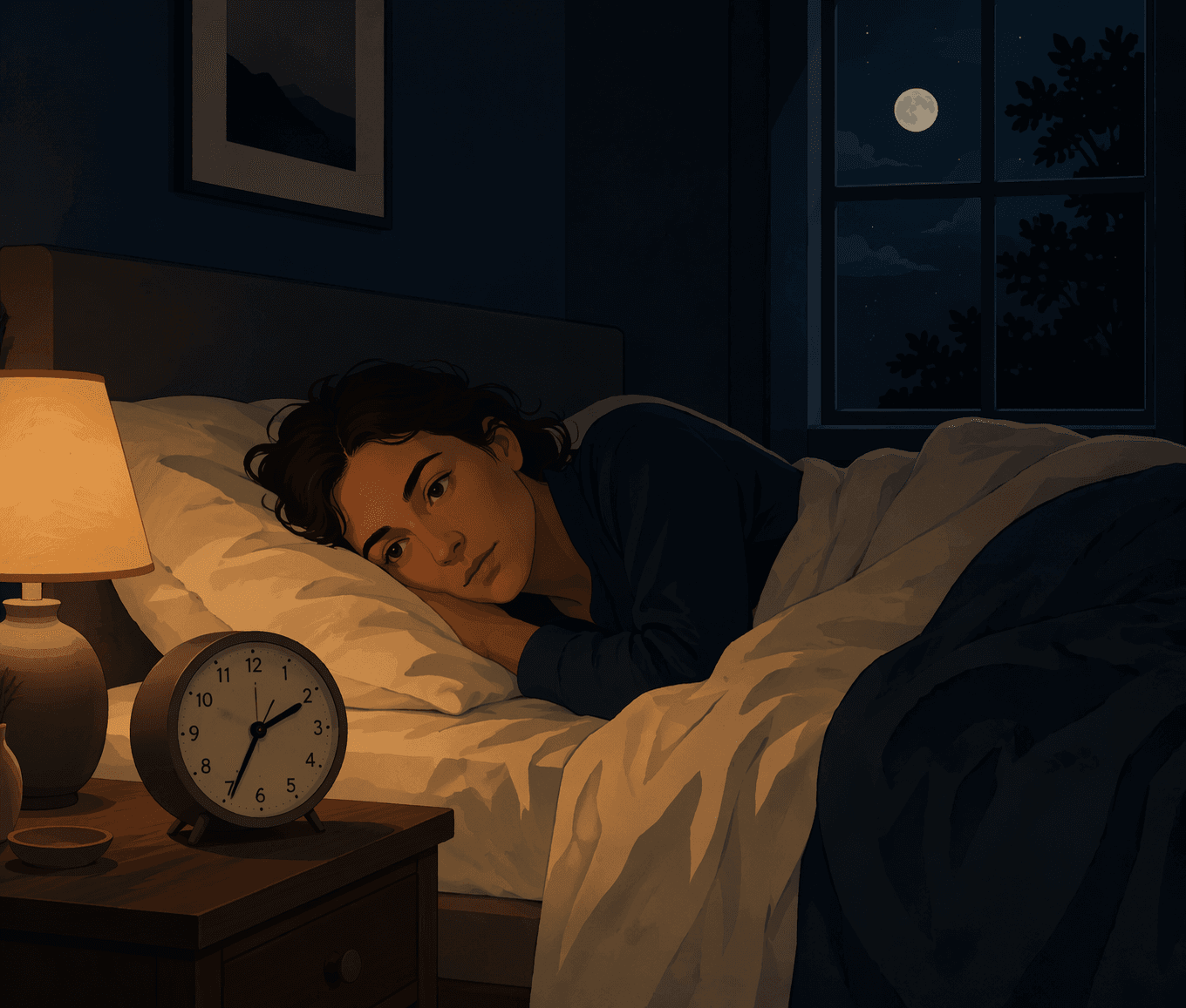 A person lying awake in bed at night, illuminated by soft moonlight and a warm amber bedside lamp, with a muted analog clock showing a late hour.