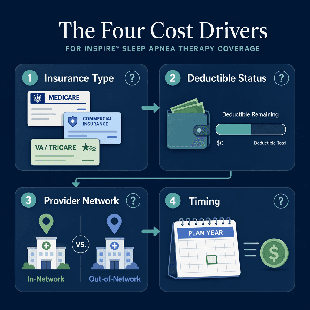 A flat vector editorial illustration on a dark navy background showing four interconnected boxes labeled 'Insurance Type' (with Medicare, commercial, and VA card icons), 'Deductible Status' (with a progress bar and wallet), 'Provider Network' (with a map pin and hospital building), and 'Timing' (with a calendar and coin icon), each with a small question mark, forming a decision-flow diagram.
