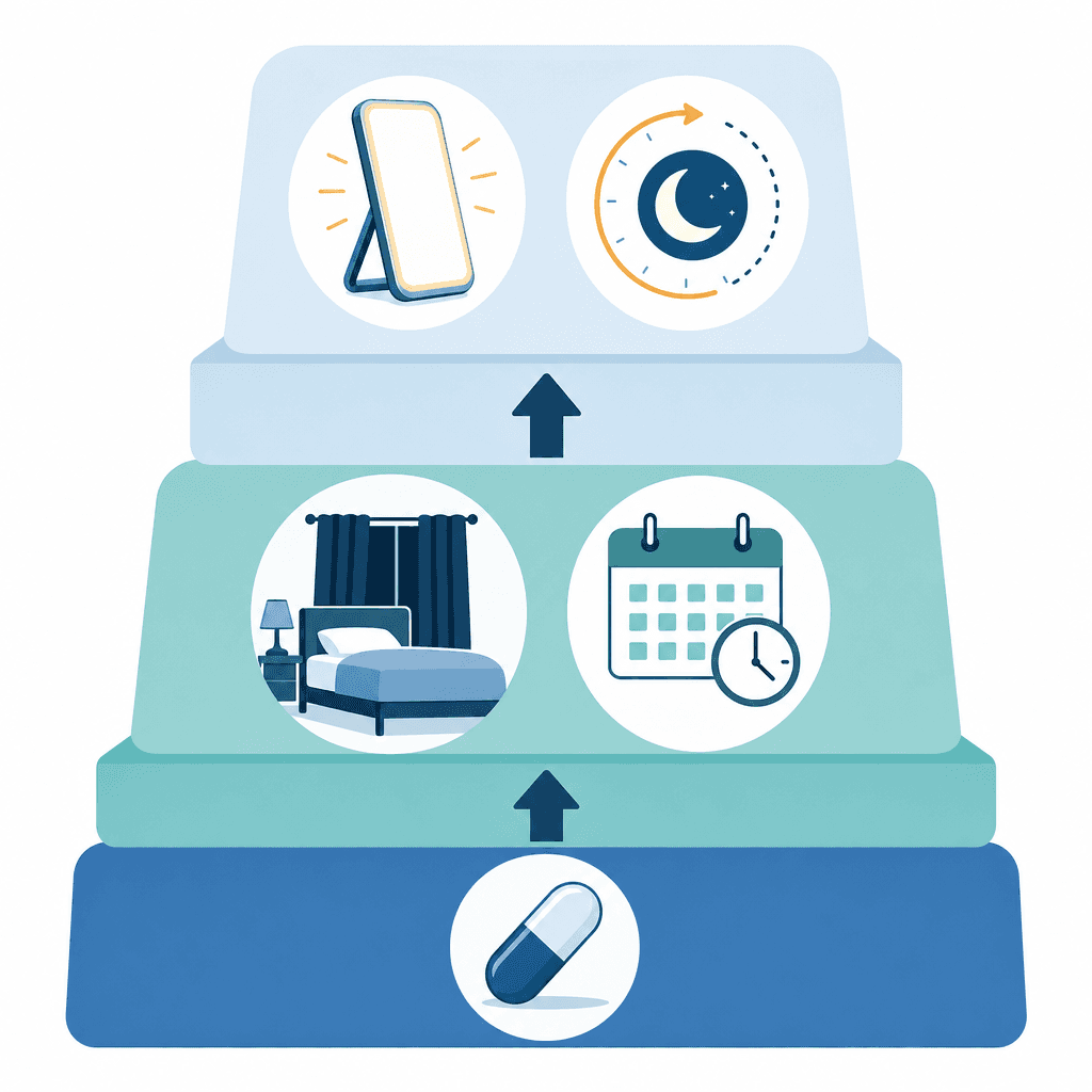 Tiered step diagram showing three levels of SWD treatment: top tier with a bright light lamp and crescent-moon phase symbol for light therapy and melatonin, middle tier with a bed and blackout curtains for sleep environment and schedule optimization, bottom tier with a capsule silhouette for pharmacological options.