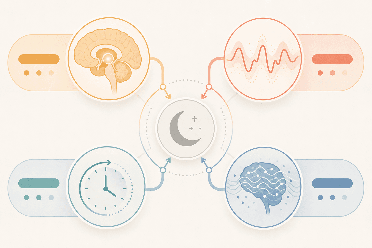 Editorial diagram showing four biological pathway zones — hormonal neural circuit effects, vasomotor fragmentation, circadian system weakening, and cognitive hyperarousal — converging toward a central node.
