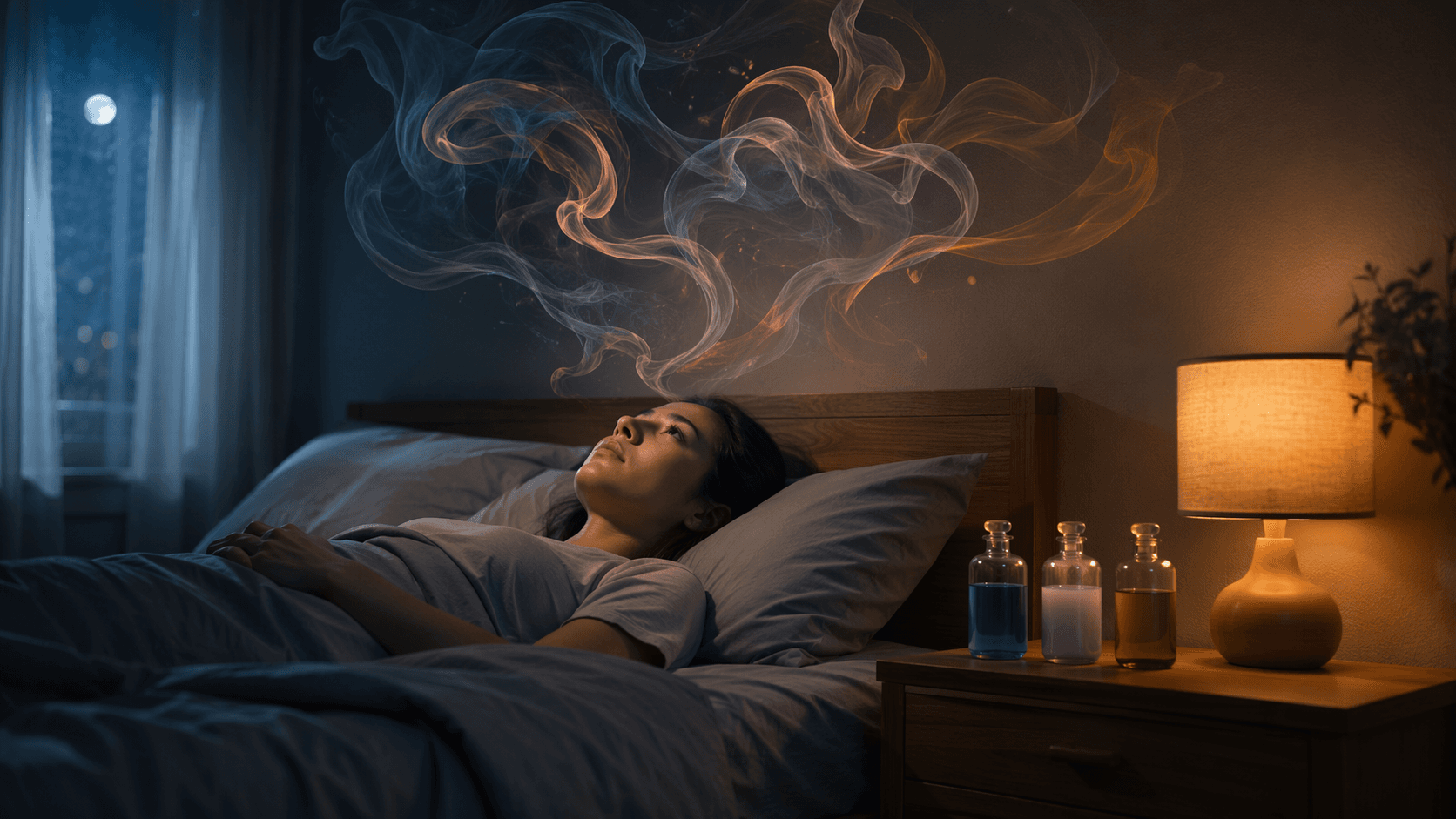 Person lying awake at night with anxious thoughts above the bed and sleep aid bottles on a nightstand