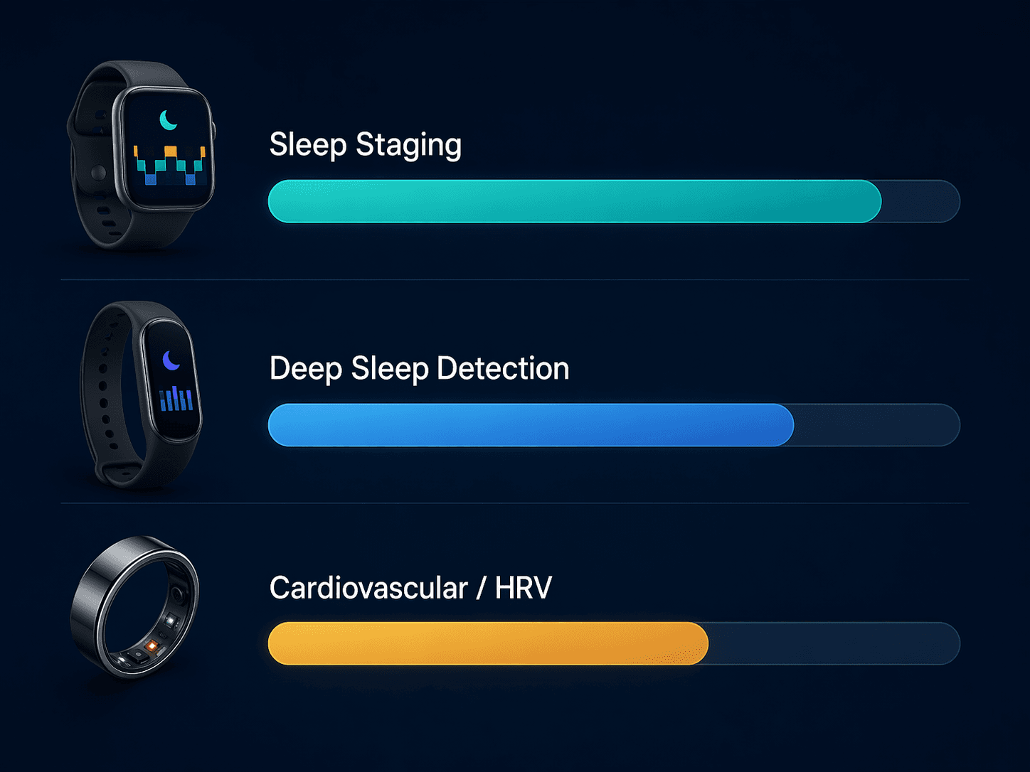 Information graphic comparing sleep staging, deep sleep detection, and cardiovascular HRV metrics across wearable categories
