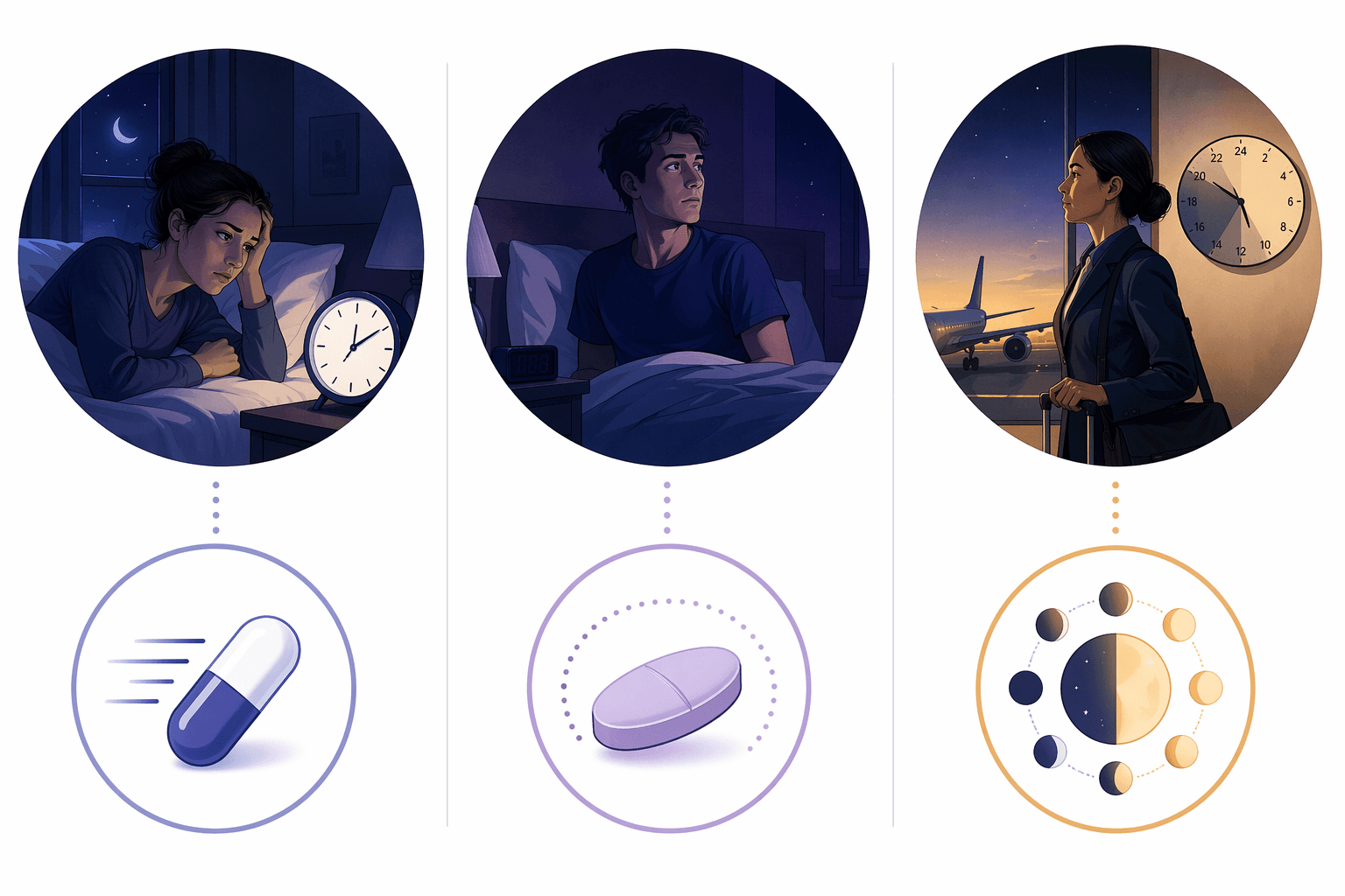 Three-column framework matching fast sleep onset help, longer-lasting sleep maintenance help, and circadian timing support