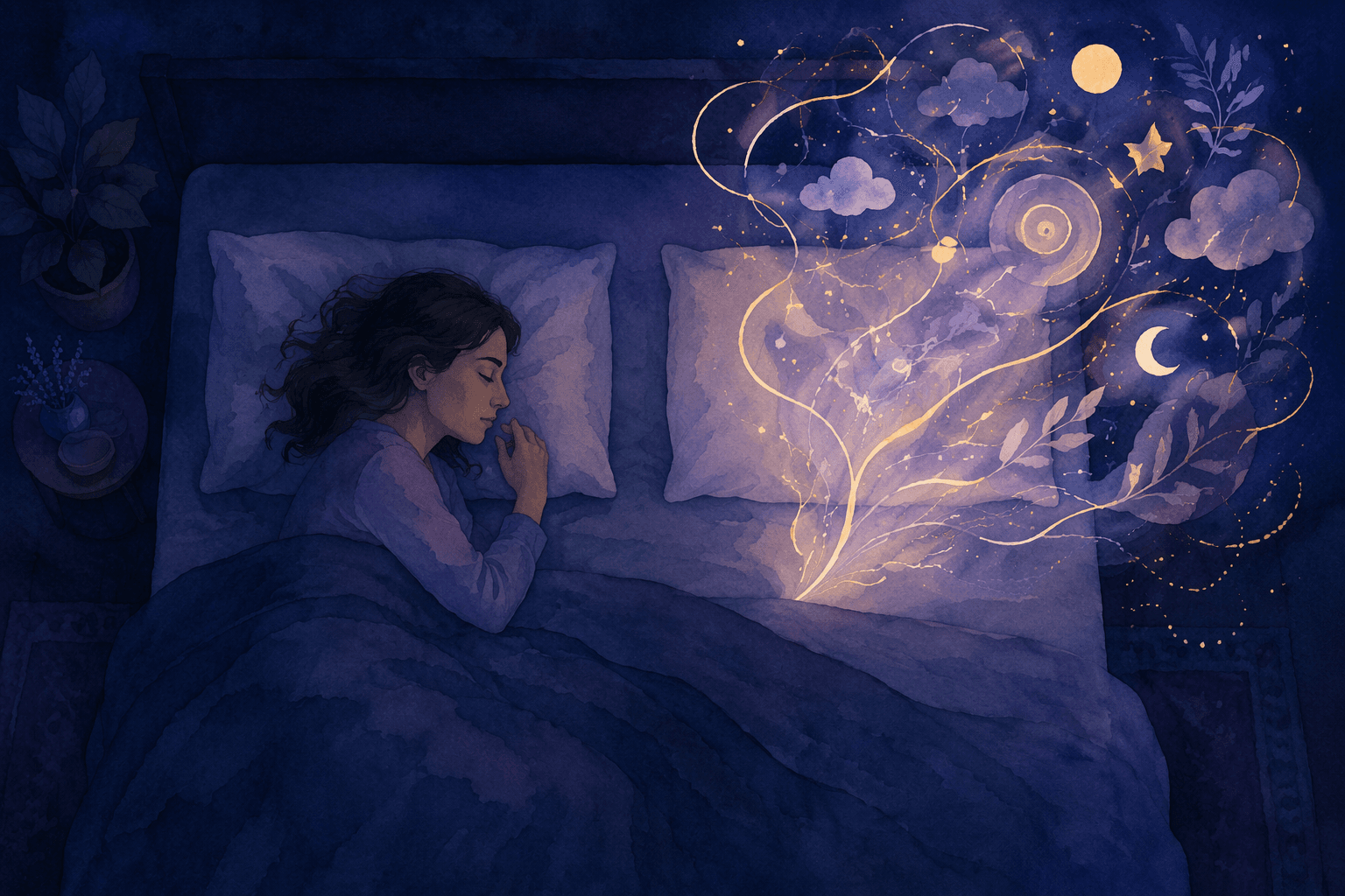 An overhead view of a bed in a dark room. On one side a person lies still, peacefully asleep. On the other side, soft glowing abstract thought-lines and luminous lavender and gold shapes rise from the empty pillow, suggesting an overactive mind at night.
