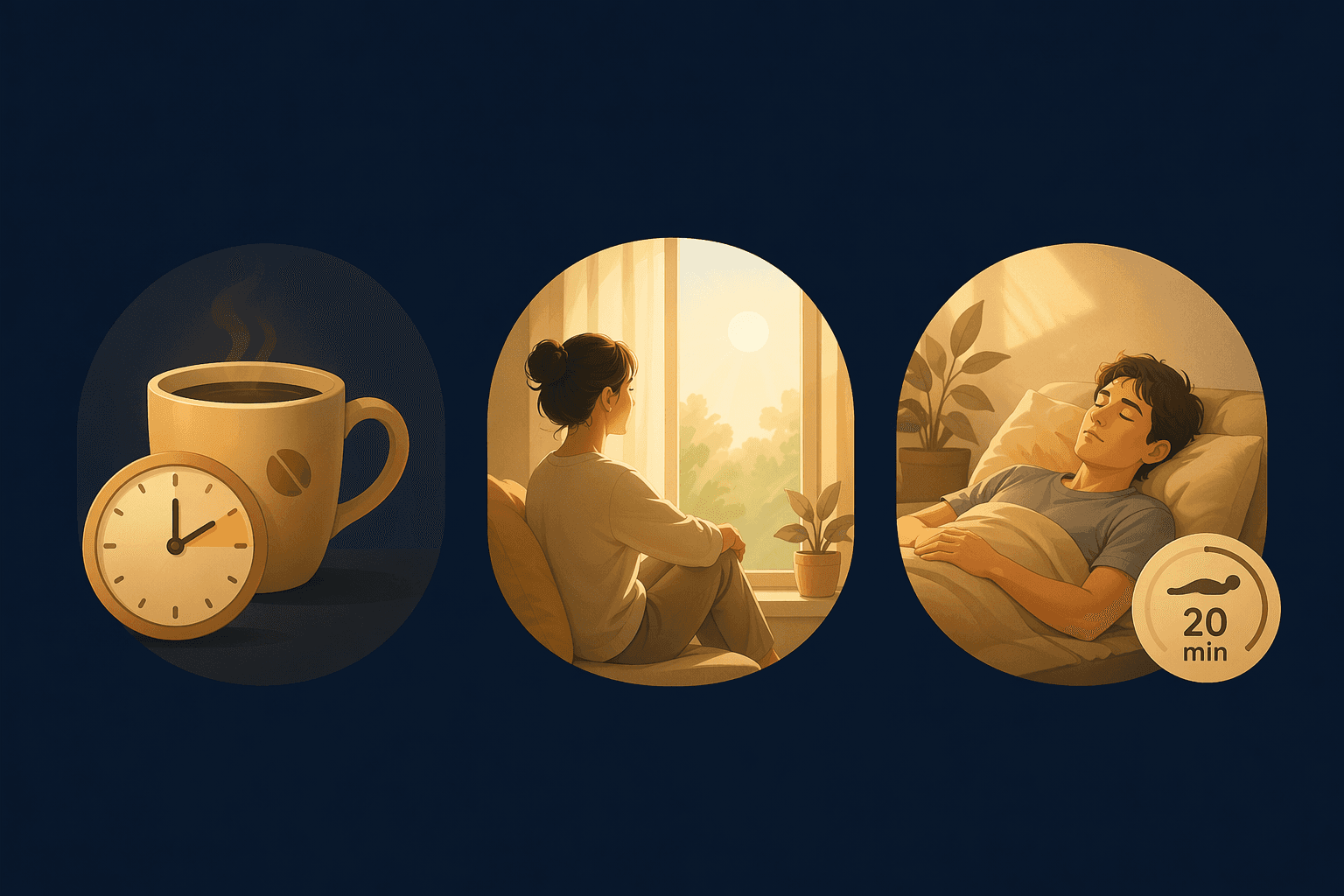 Three simple vignettes arranged horizontally on a dark blue background: a coffee cup with a clock symbol in amber tones, a person by a window with morning light in yellow, and a person taking a short daytime nap in warm tones, representing targeted circadian reset interventions.