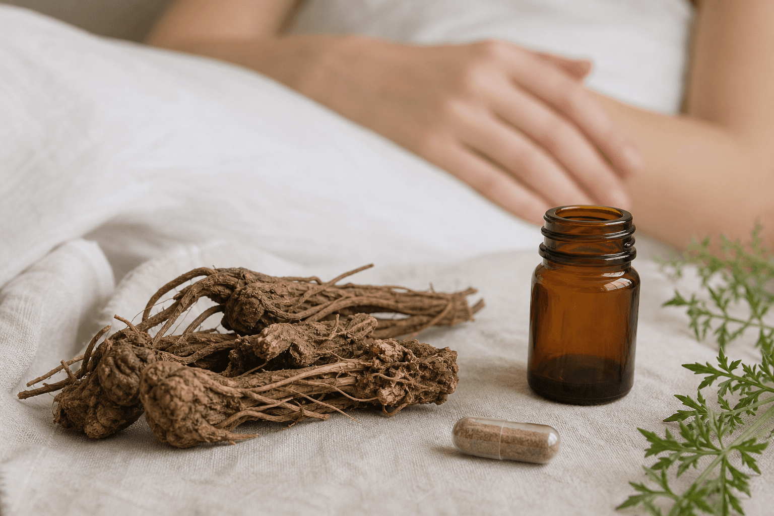 Dried valerian root rhizomes arranged beside a clear glass capsule and amber supplement bottle, with soft-focus hands resting on a white pillow in the background.