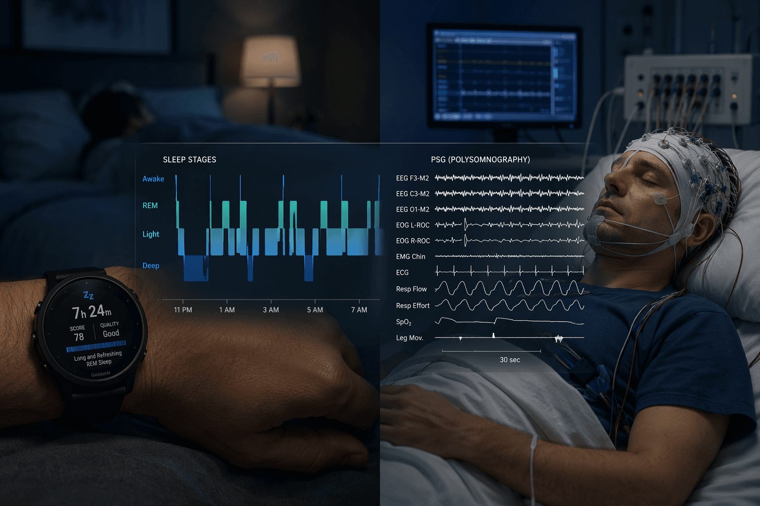 Split-comparison visual: a Garmin watch on a wrist in a dim bedroom on the left transitions into a clinical polysomnography setup with an EEG cap and monitoring equipment on the right, with a translucent sleep hypnogram fading into a PSG waveform across the middle.