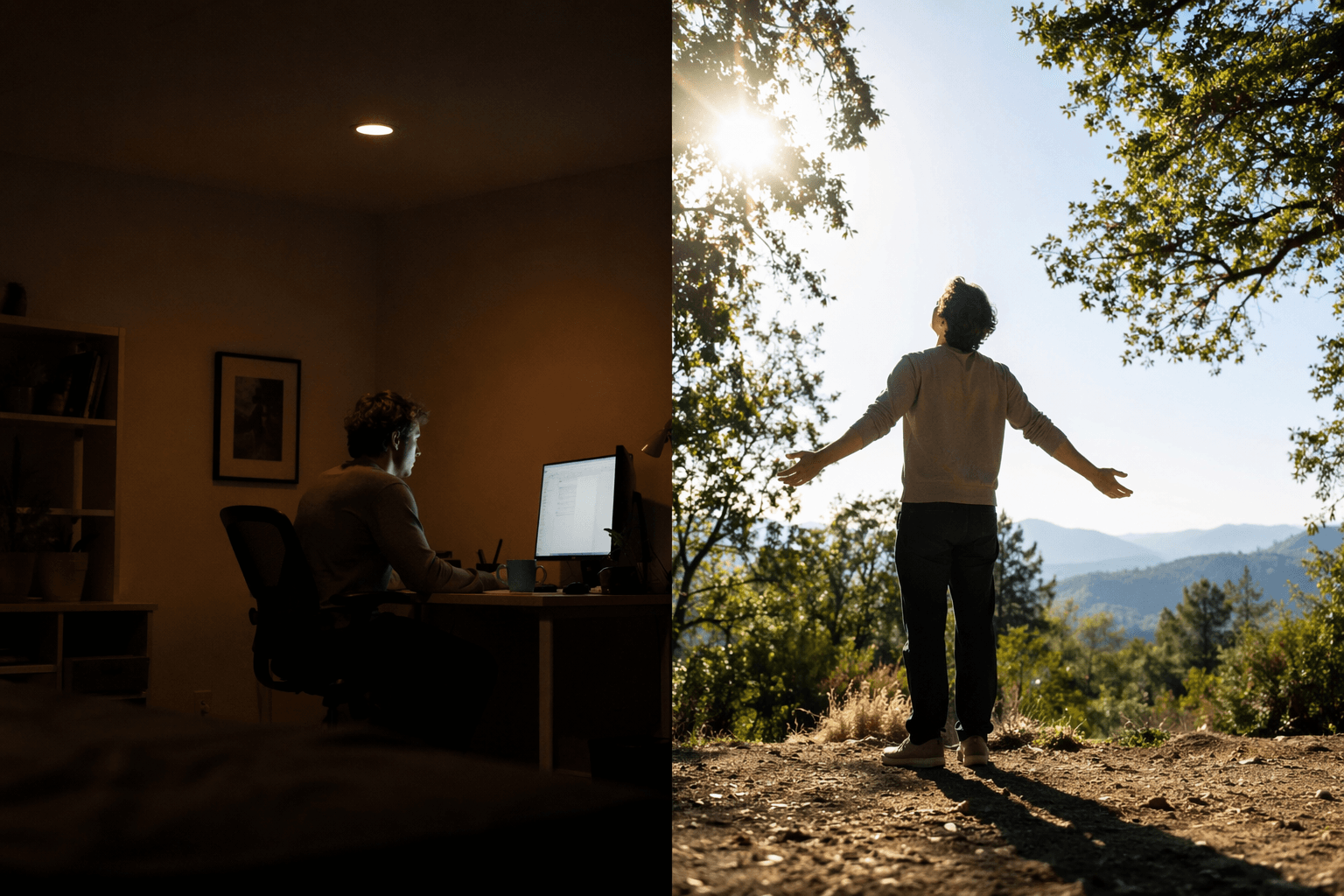 Indoor dim artificial light contrasted with bright outdoor morning sunlight