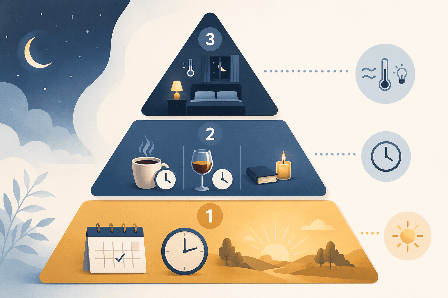 Three-tier sleep habit pyramid showing schedule consistency and morning light at the base, caffeine and alcohol timing plus pre-bed routine in the middle, and bedroom environment optimization at the top