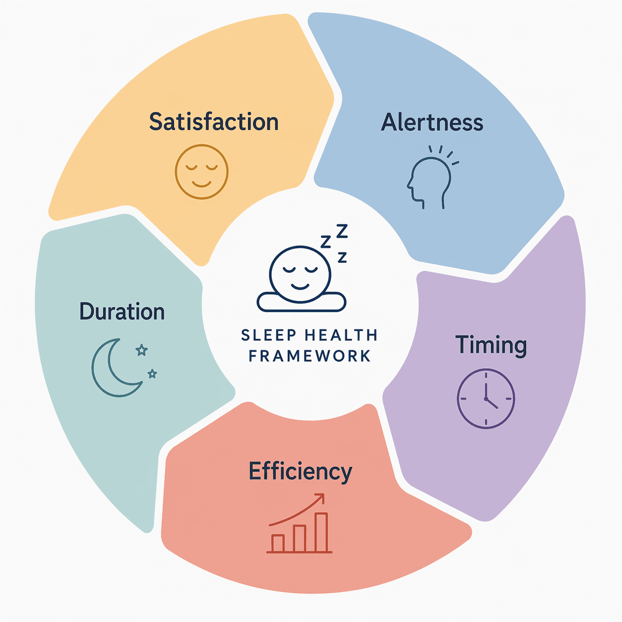 Circular diagram showing the five SATED dimensions of sleep health: Satisfaction, Alertness, Timing, Efficiency, and Duration