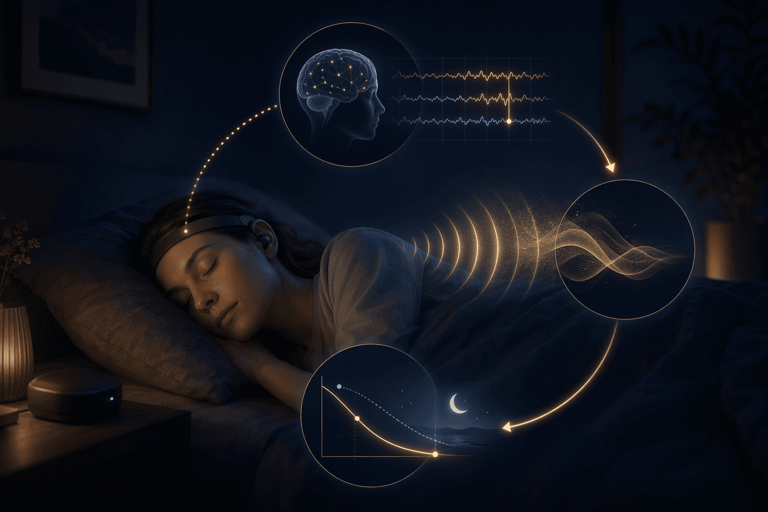 Sleeping person wearing a headband that detects brainwaves and delivers closed-loop acoustic stimulation