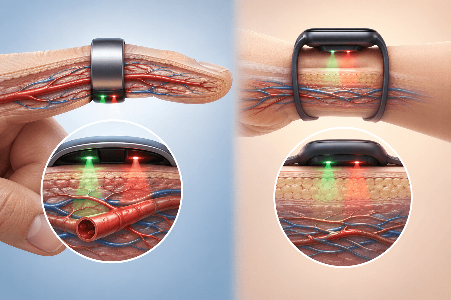 Anatomical comparison of a ring sensor on a finger and a wrist sensor over the wrist