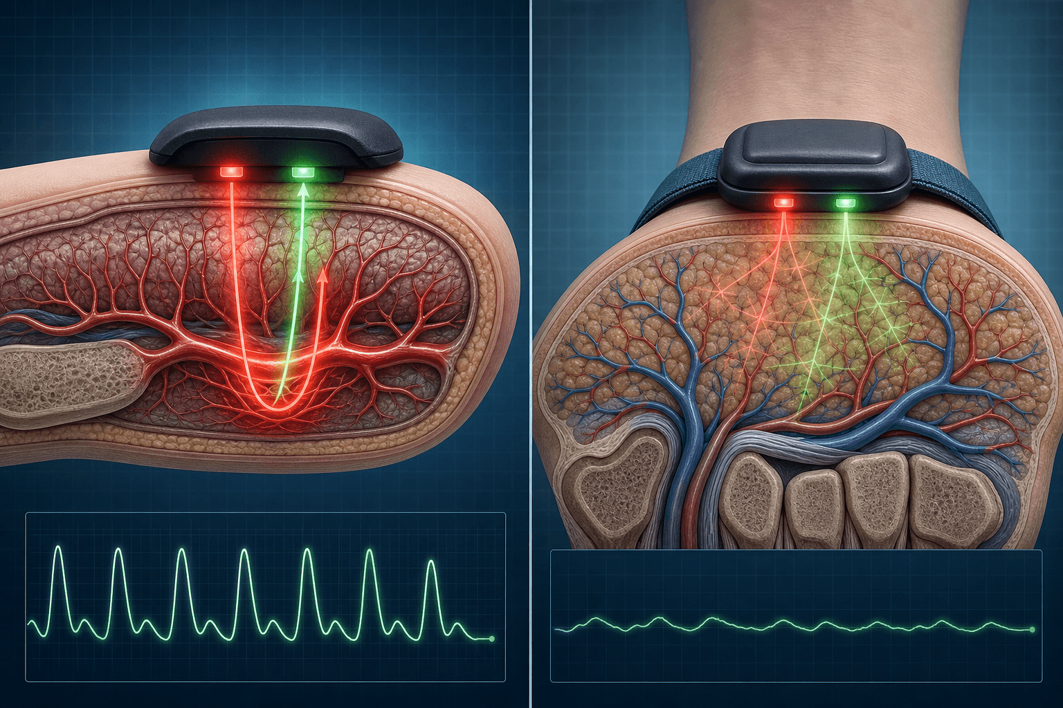 Split medical-style illustration comparing finger vs wrist PPG sensor placement: left side shows a finger cross-section with strong signal arrows near the digital artery under a red/green sensor light, right side shows a wrist cross-section with weaker signal arrows through diffuse vasculature