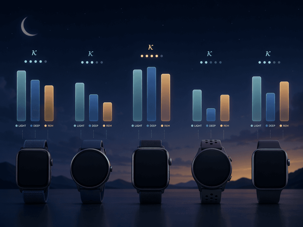 Five subtle smart watch silhouettes in a row with no visible logos. Above each, translucent floating bars and kappa (κ) symbols at varying heights representing different sleep stage detection accuracy levels. Small stage labels (light, deep, REM) appear near each.