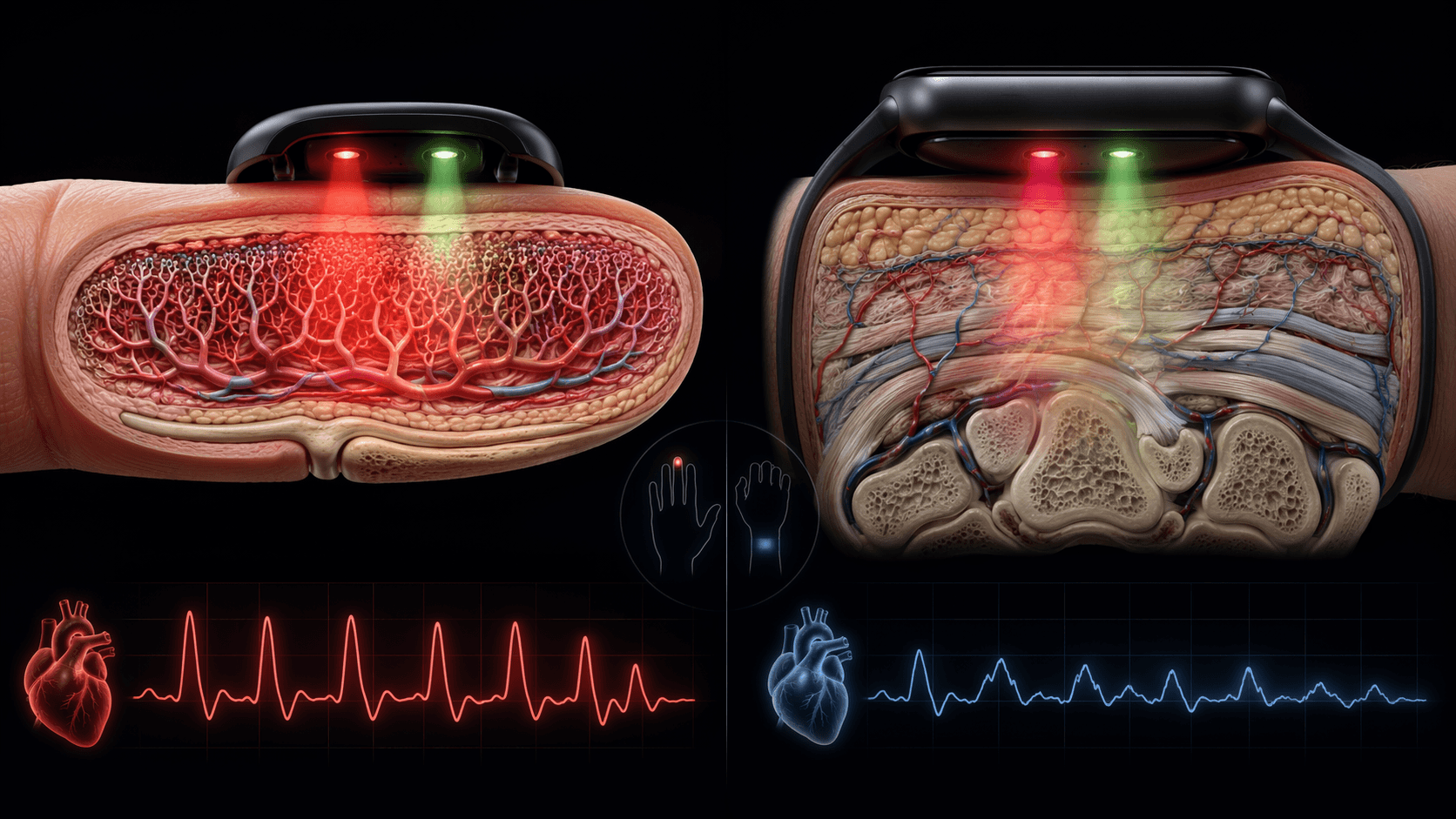 A comparison illustration showing finger PPG with denser capillaries and wrist PPG with more tissue interference.