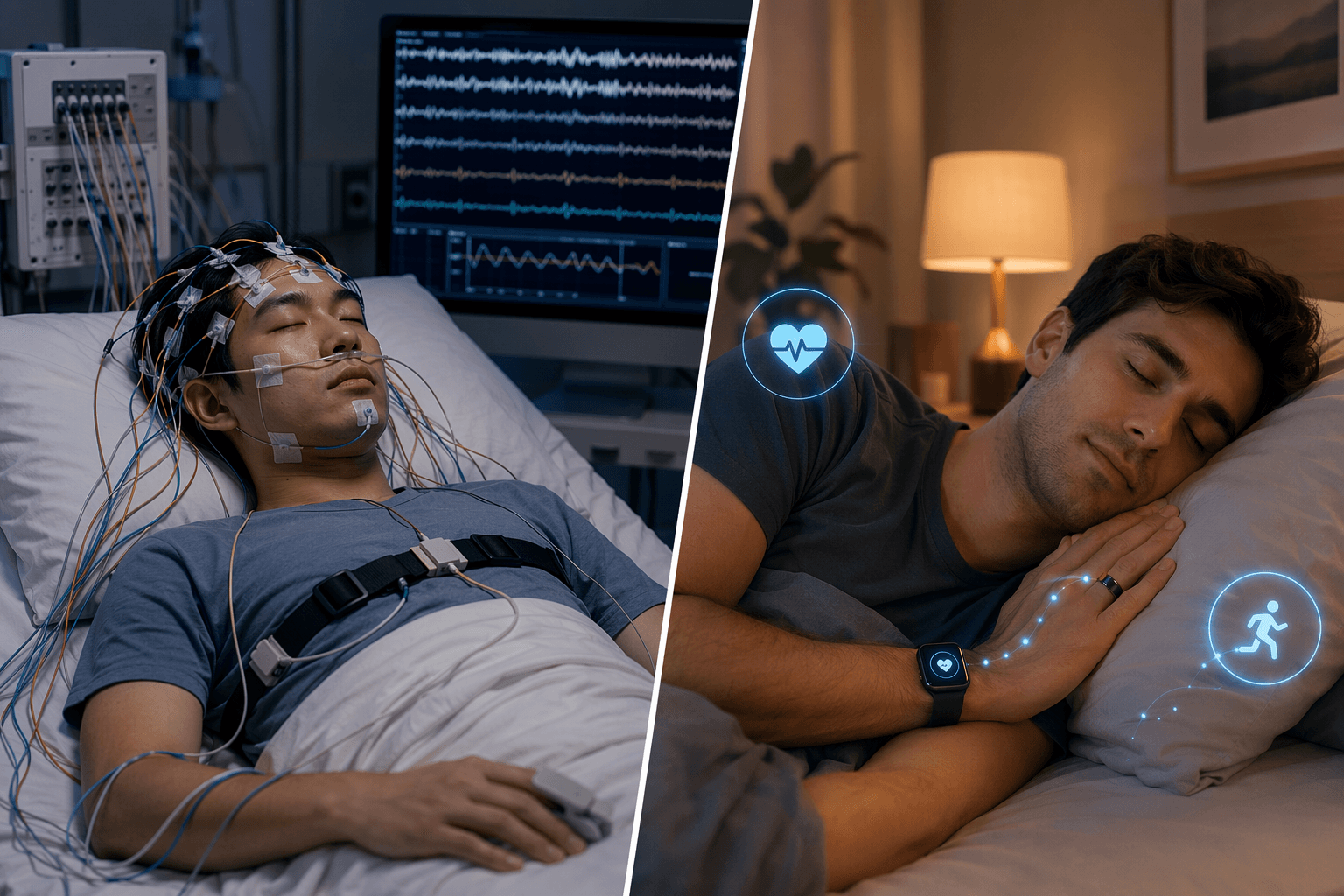 Clinical sleep lab monitoring compared with home wearable sleep tracking using heart rate and movement signals