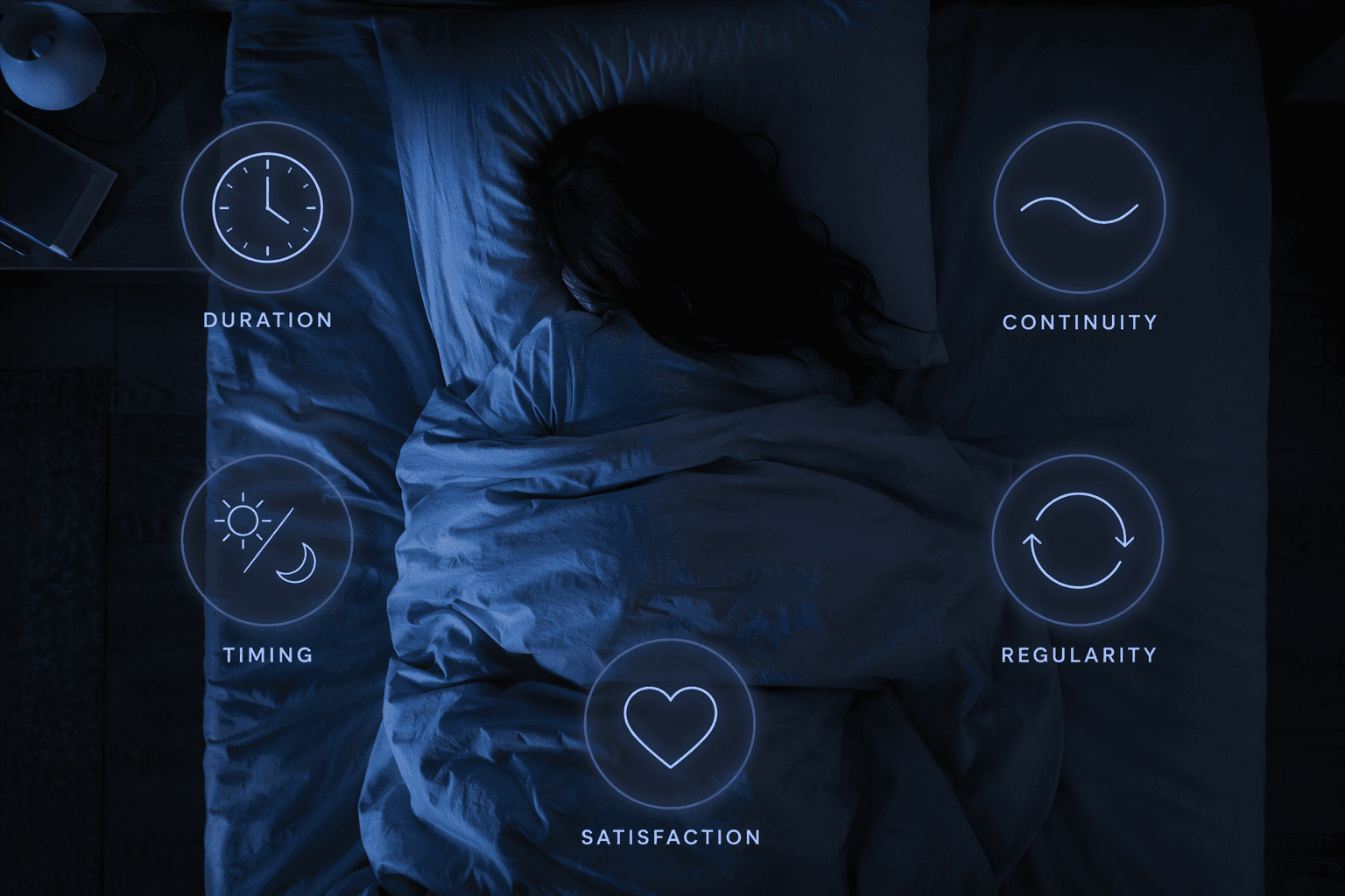 A top-down flat-lay view of a person sleeping peacefully in a dark bedroom with cool blue tones, surrounded by five softly glowing circular icons representing duration, continuity, timing, regularity, and satisfaction.