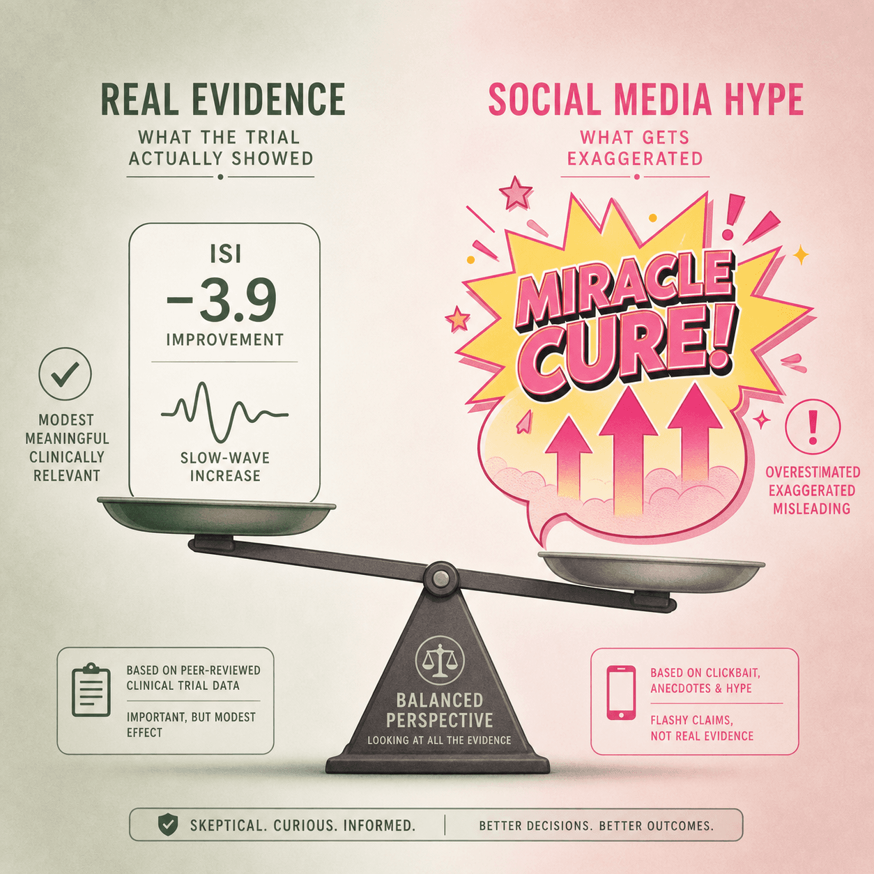 A balanced scale illustration tipping slightly to the left, representing the modest real effect of the clinical trial versus exaggerated social media claims.