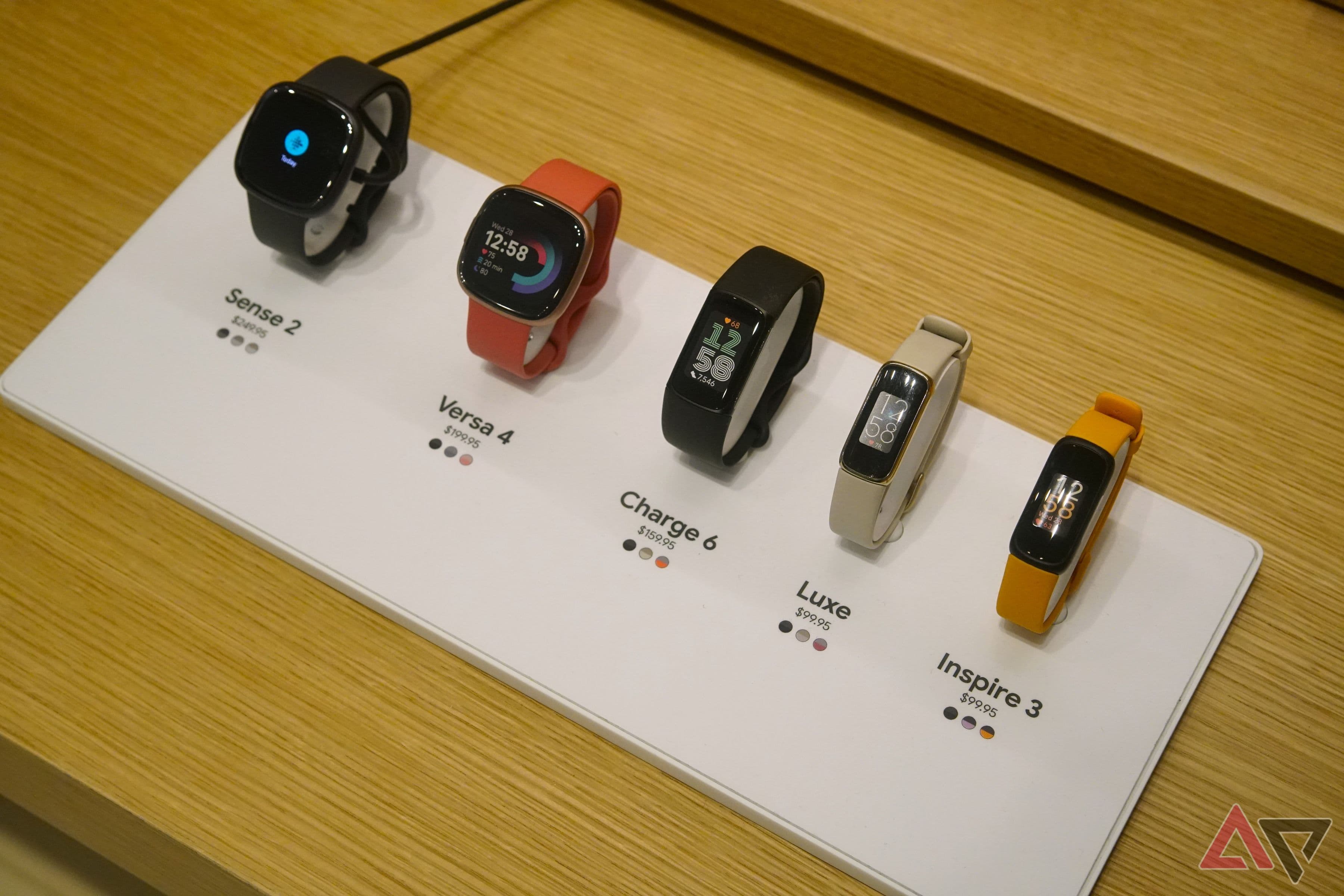 Fitbit lineup showing watch-style and band-style models side by side