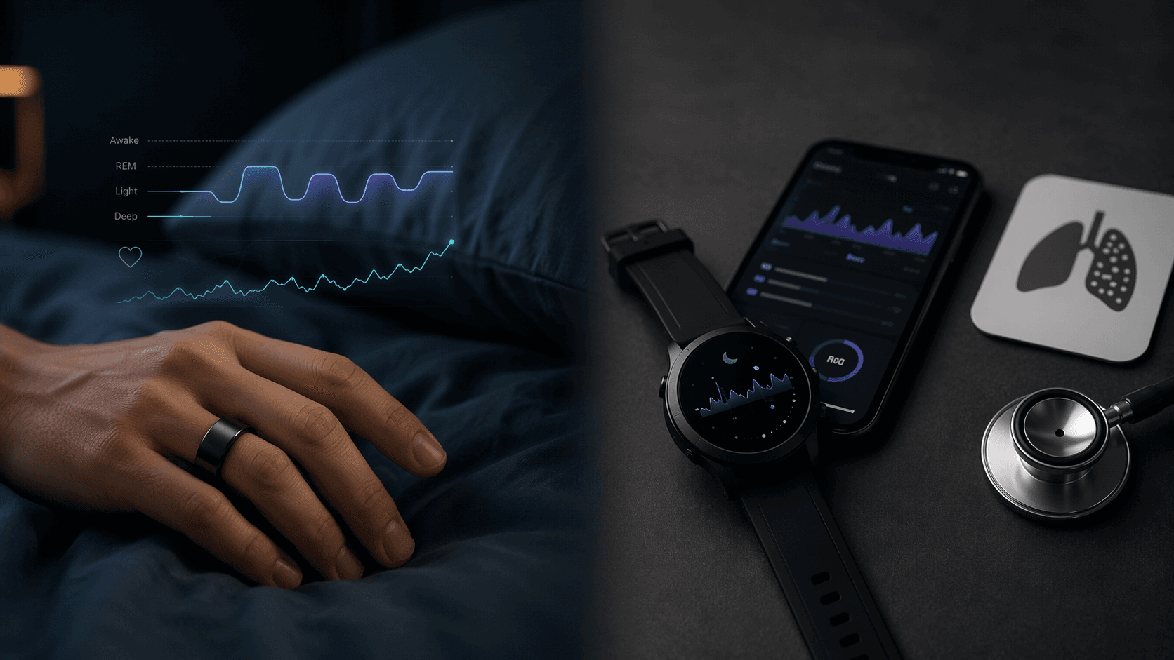 A split decision scene showing a smart ring for deep sleep tracking and a smart watch for apnea screening and daytime use.